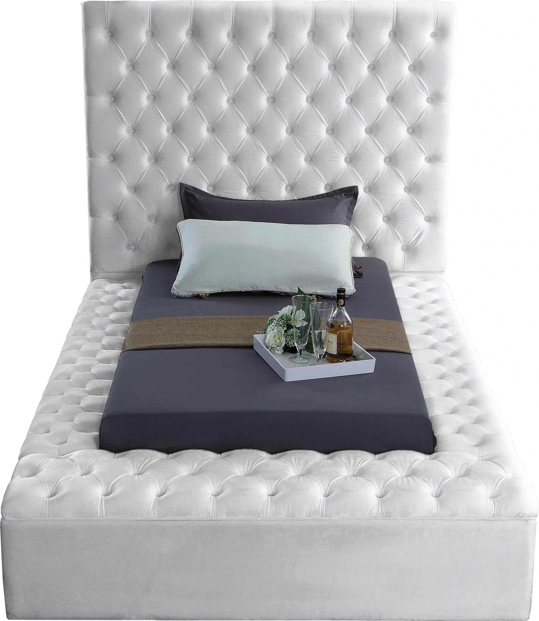 Bliss White Velvet Twin Bed (3 Boxes)
