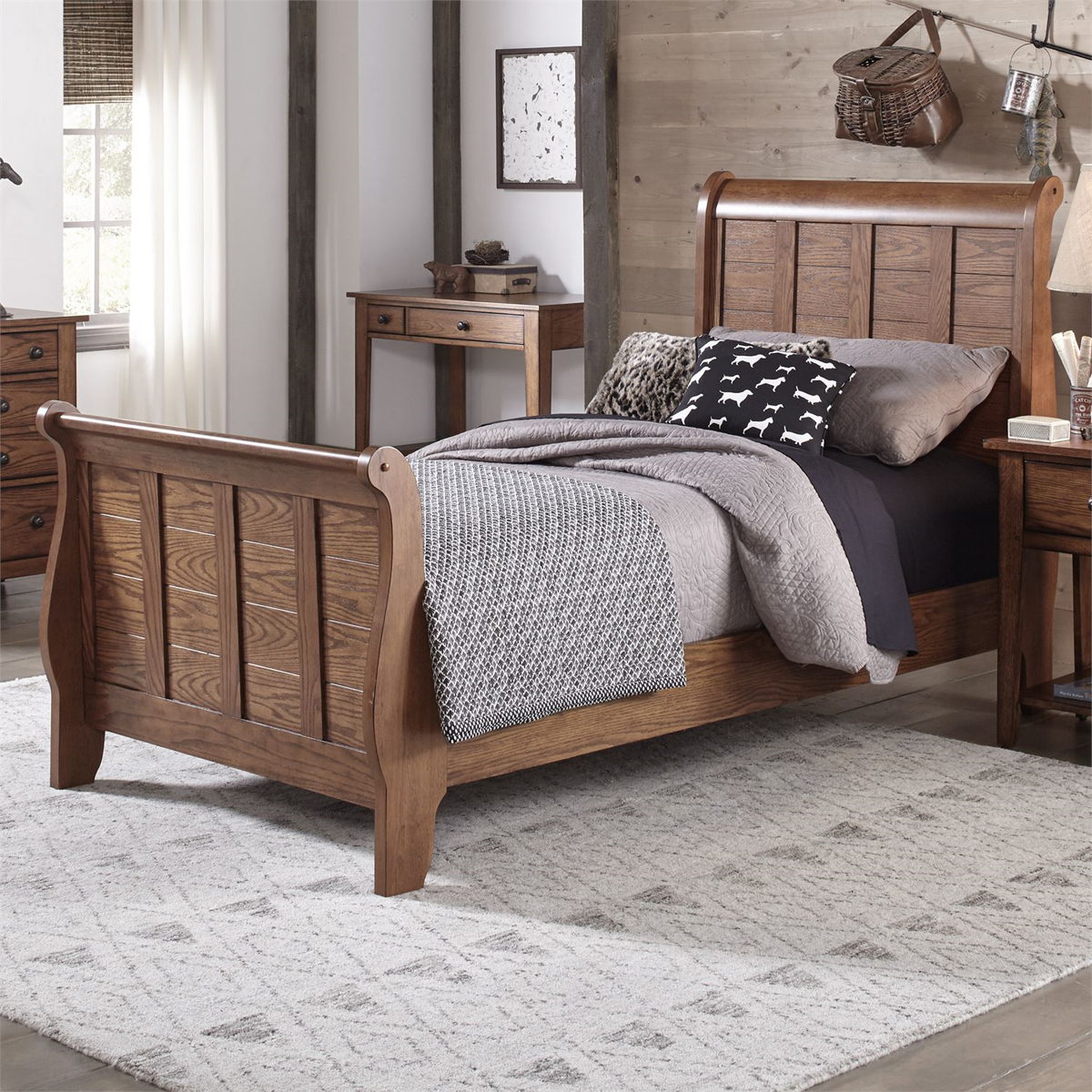 Liberty Furniture Grandpa's Cabin Youth Twin Sleigh Bed in Aged Oak - Luxury Home Furniture (MI)