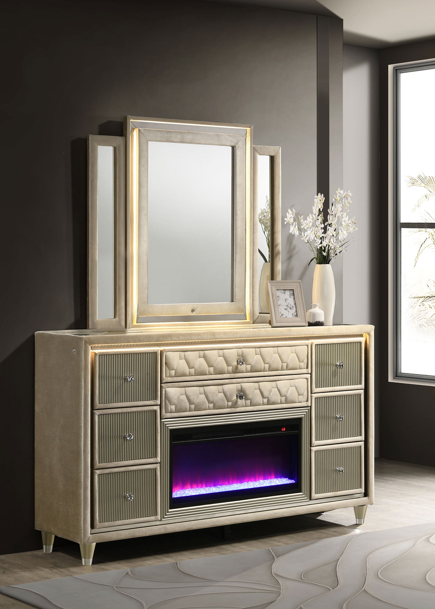 Lorient LED Dresser with LED Mirror and Flame Visualizer - Luxury Home Furniture (MI)