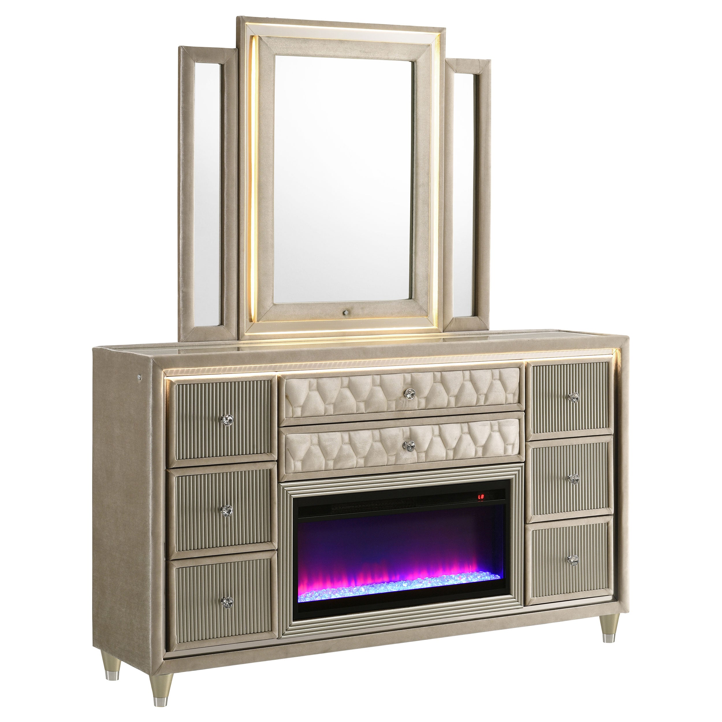Lorient LED Dresser with LED Mirror and Flame Visualizer - Luxury Home Furniture (MI)