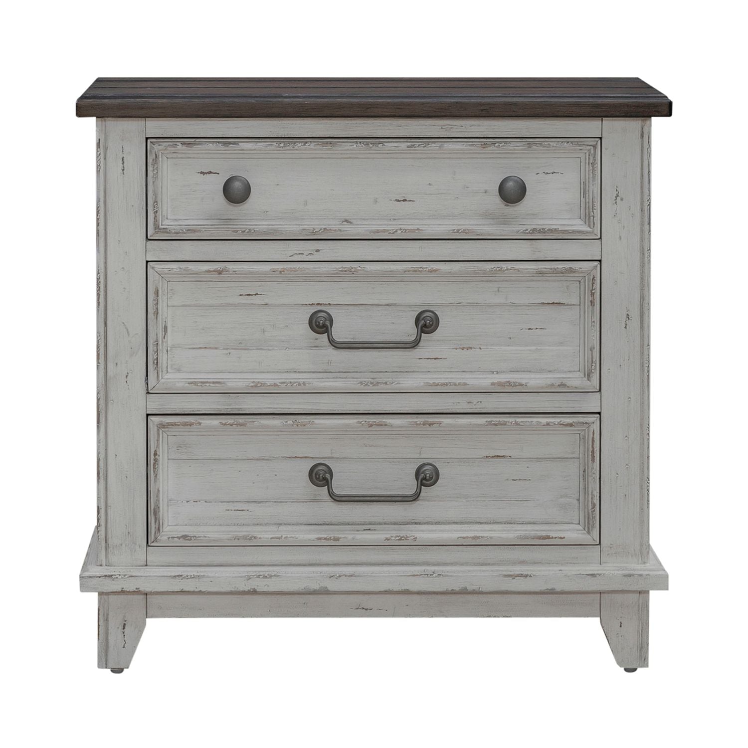 River Place 3 Drawer Nightstand with Charging Station in Riverstone White and Tobacco