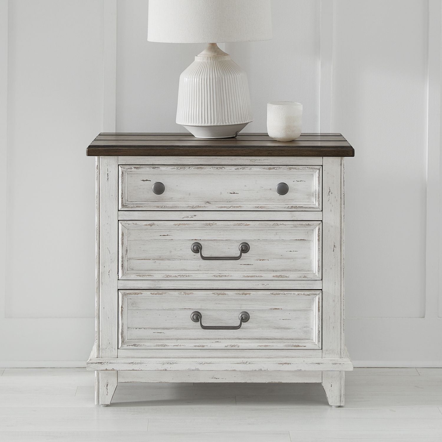 River Place 3 Drawer Nightstand with Charging Station in Riverstone White and Tobacco image