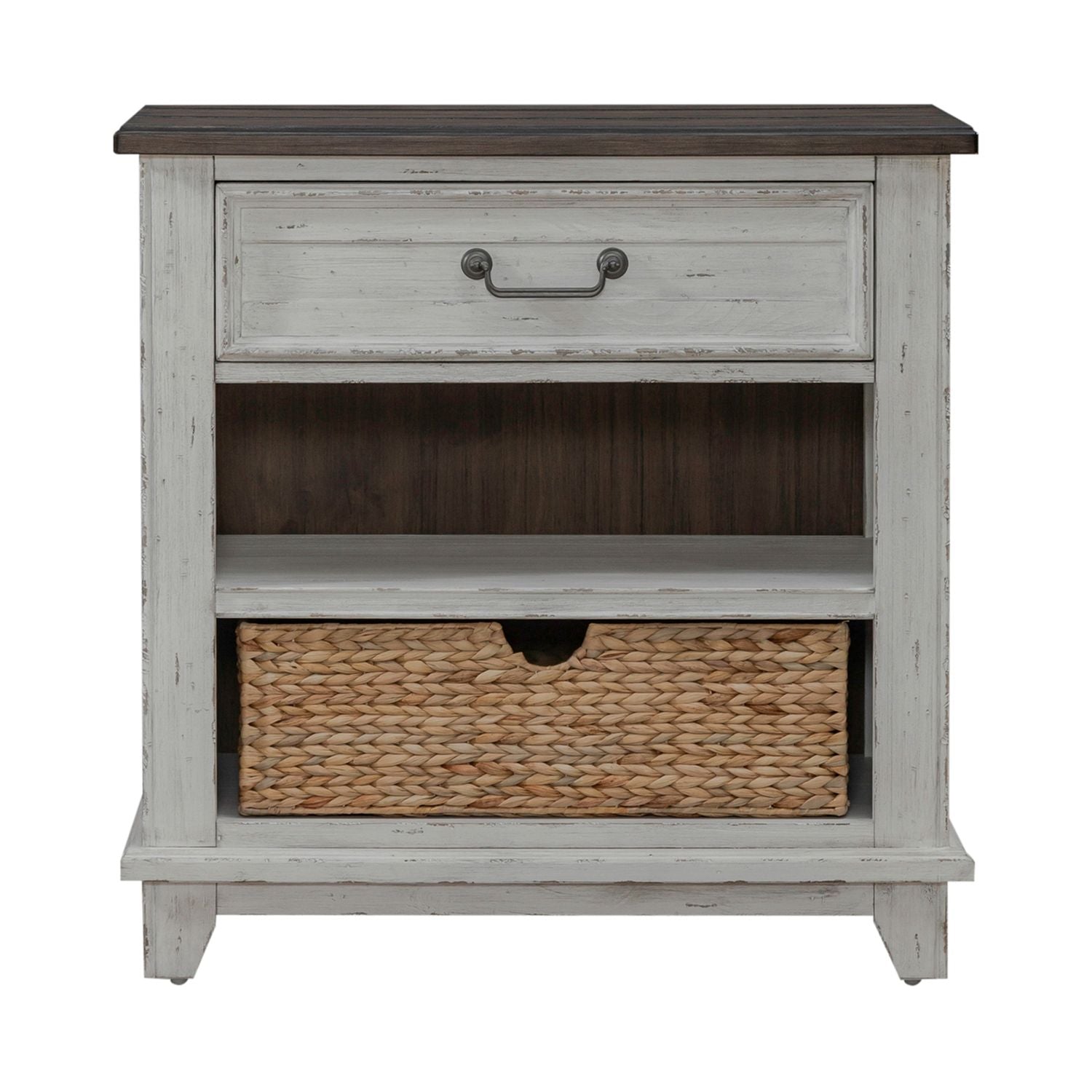 River Place Bedside Chest with Charging Station in Riverstone White and Tobacco