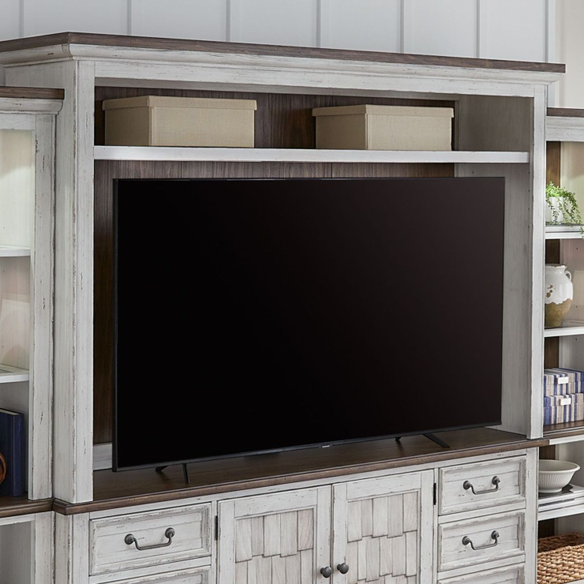 Liberty Furniture River Place Entertainment Center with Piers in Riverstone White/ Tobacco - Luxury Home Furniture (MI)