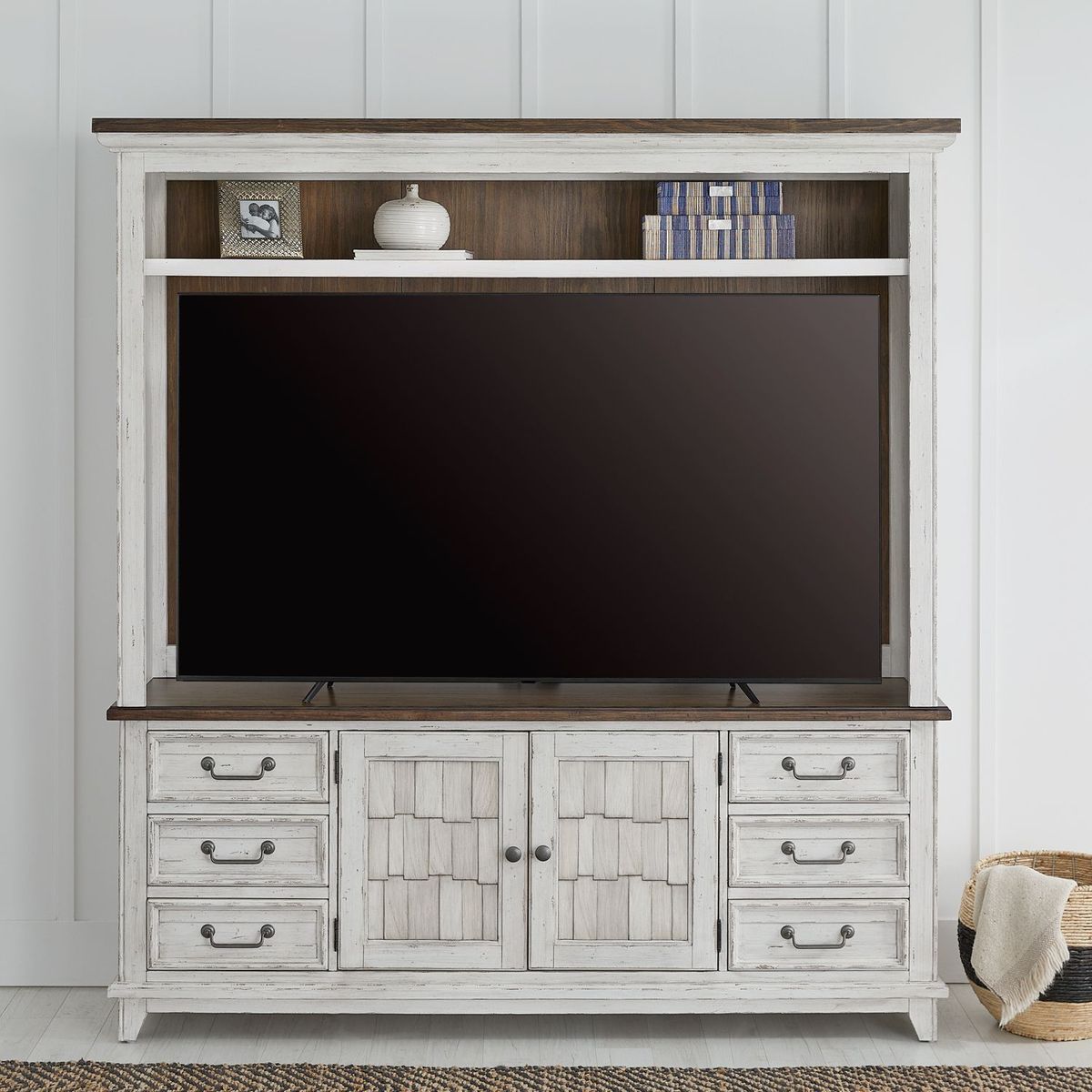Liberty Furniture River Place Entertainment Center with Piers in Riverstone White/ Tobacco - Luxury Home Furniture (MI)