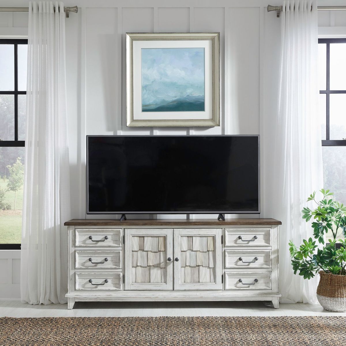 Liberty Furniture River Place Entertainment Console with Hutch in Riverstone White/ Tobacco - Luxury Home Furniture (MI)
