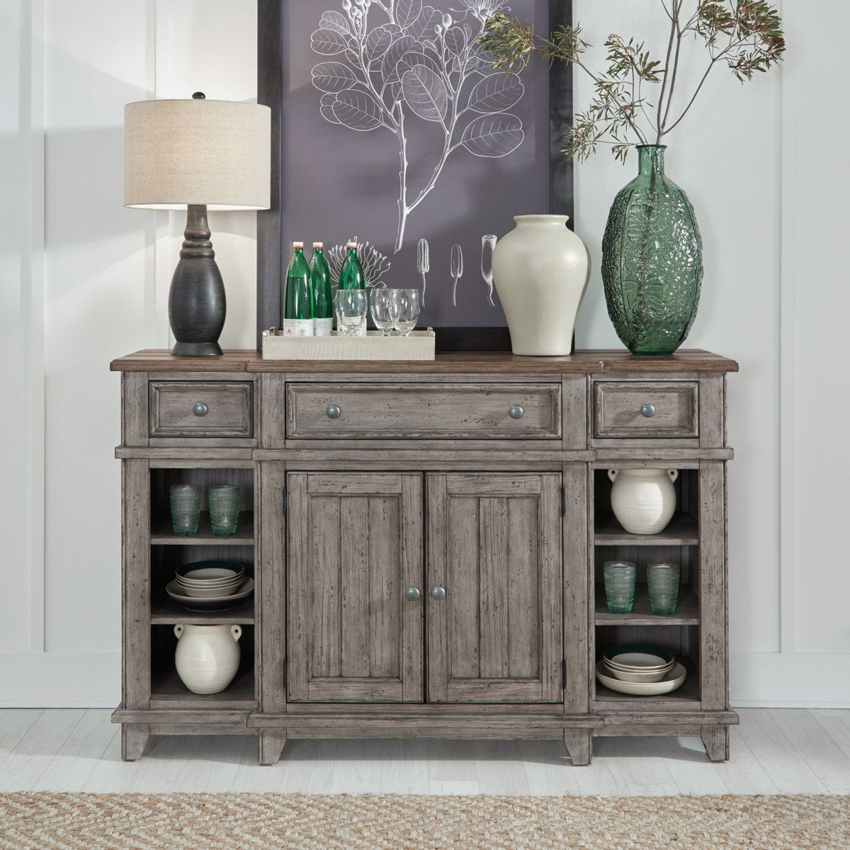 Liberty Furniture River Place Breakfront Server in Riverstone Gray & Tobacco - Luxury Home Furniture (MI)