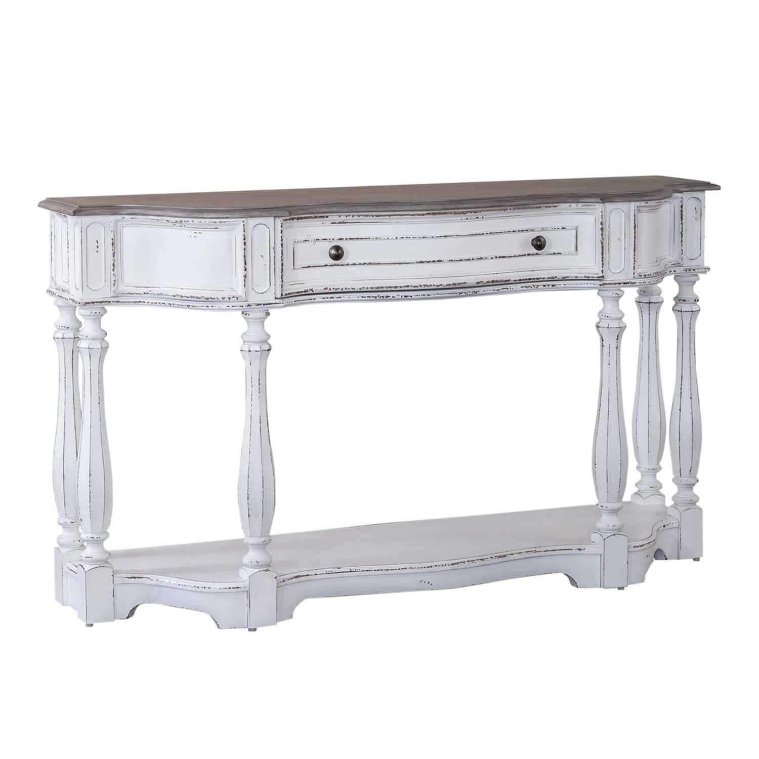 Magnolia Manor 56 Inch Hall Console Table in Antique White Base w/ Weathered Bark Tops - Luxury Home Furniture (MI)
