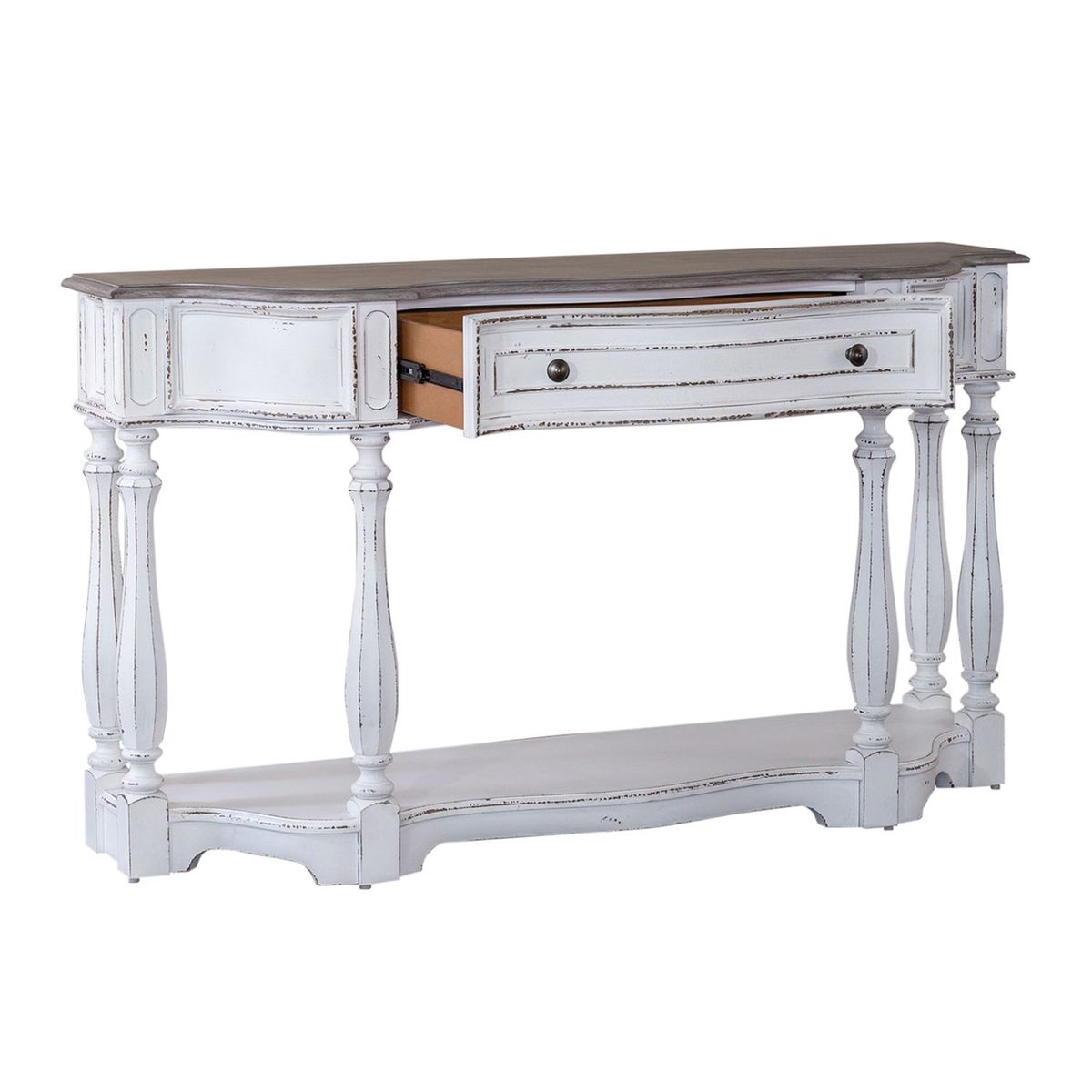 Liberty Furniture Magnolia Manor 56 Inch Hall Console Table in Antique White Base w/ Weathered Bark Tops - Luxury Home Furniture (MI)