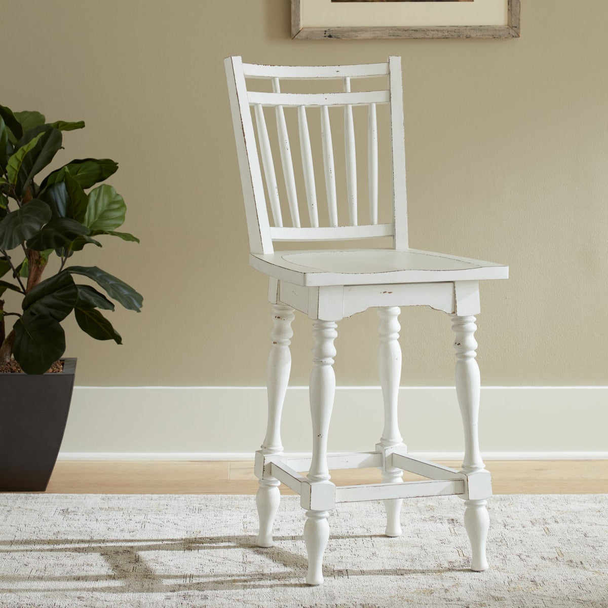 Liberty Furniture Magnolia Manor Spindle Back Swivel Counter Height Chair (Set of 2) in Antique White & Weathered Bark image
