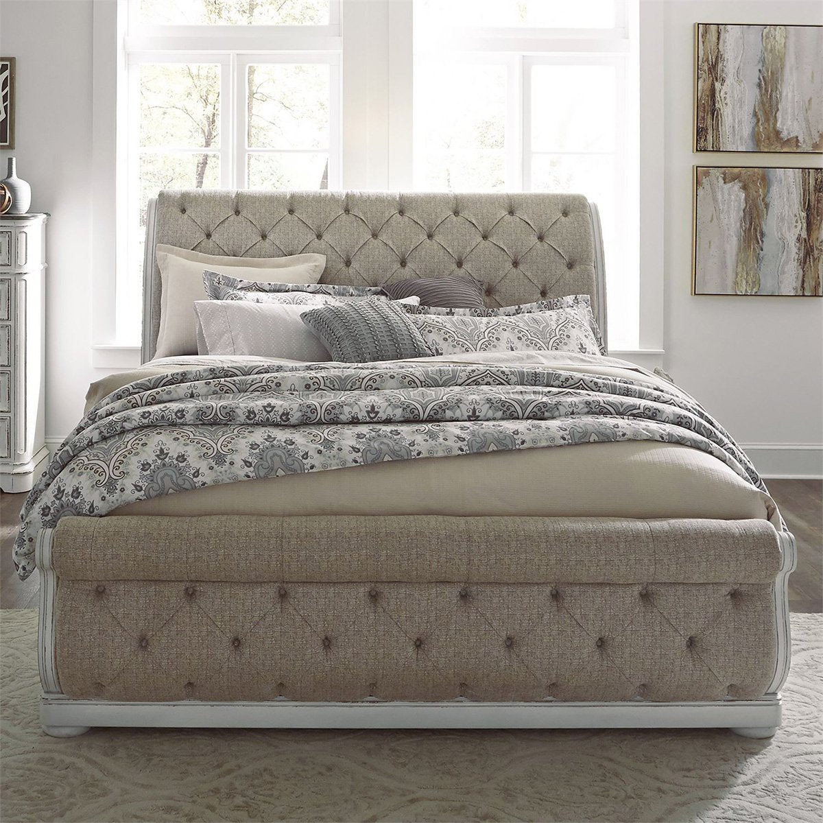 Liberty Magnolia Manor King Upholstered Sleigh Bed in Antique White - Luxury Home Furniture (MI)
