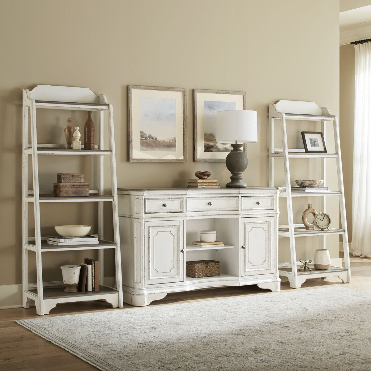 Liberty Furniture Magnolia Manor Leaning Pier Bookcase in Antique White & Weathered Bark - Luxury Home Furniture (MI)