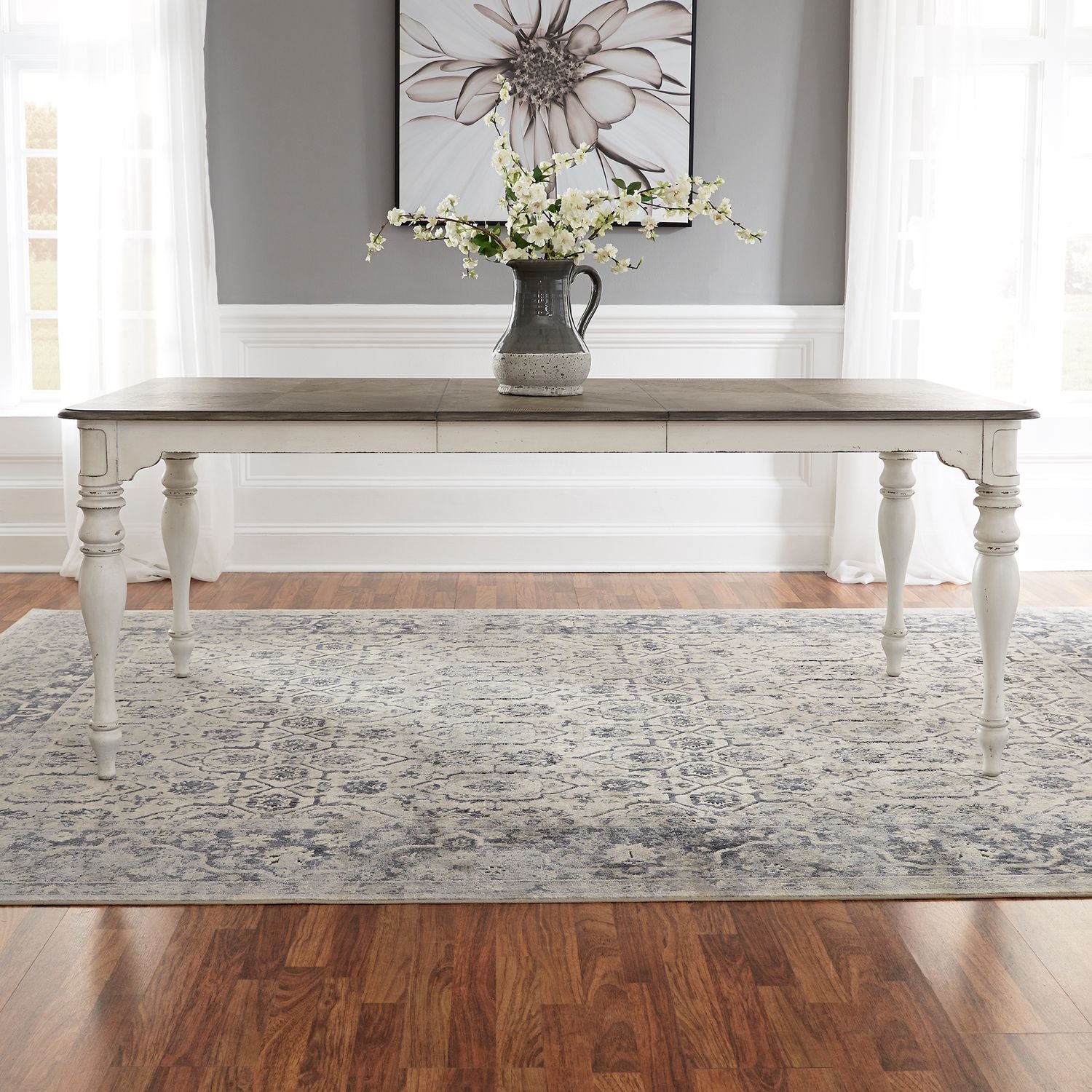 Magnolia Manor Leg Table in Antique White Base w/ Weathered Bark Tops image