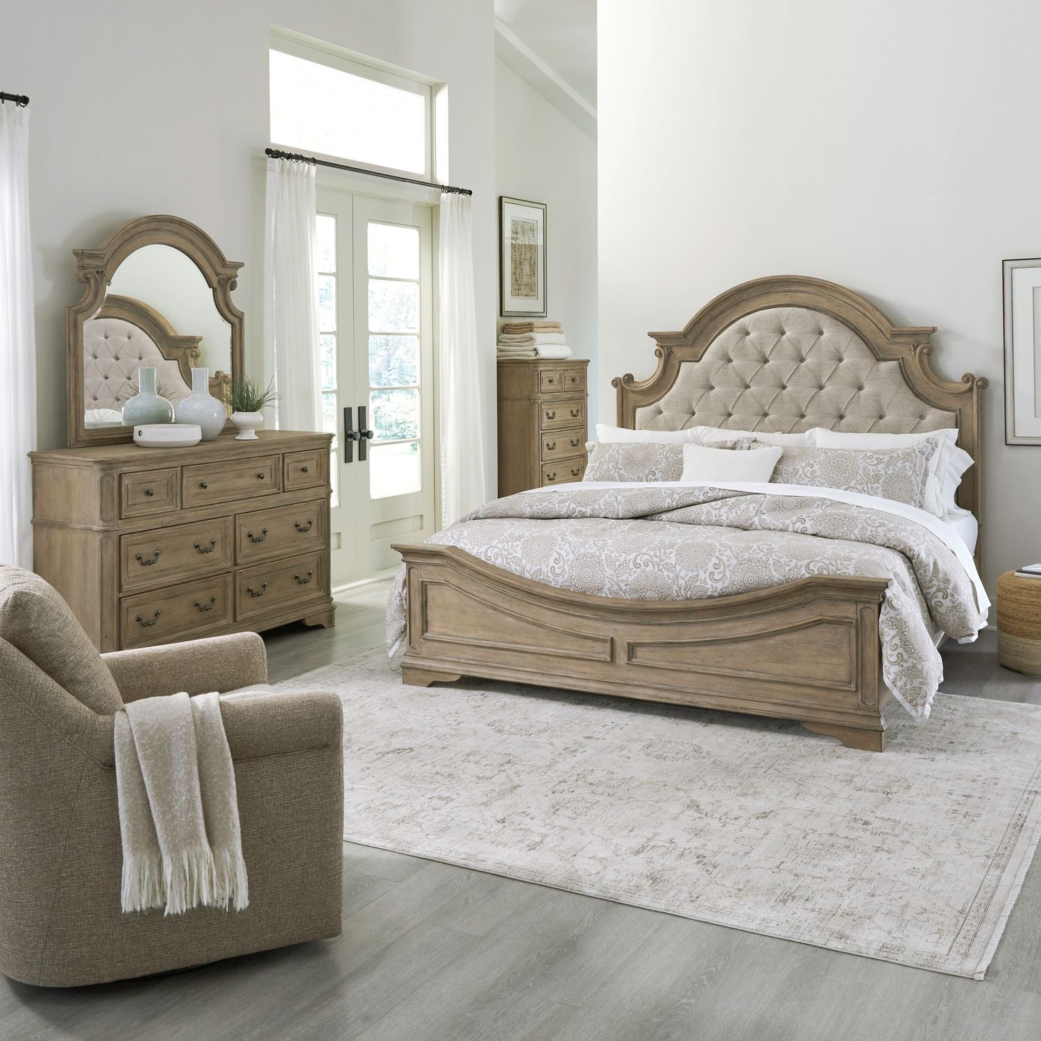 Magnolia Manor King California Uph Bed, Dresser & Mirror, Chest image
