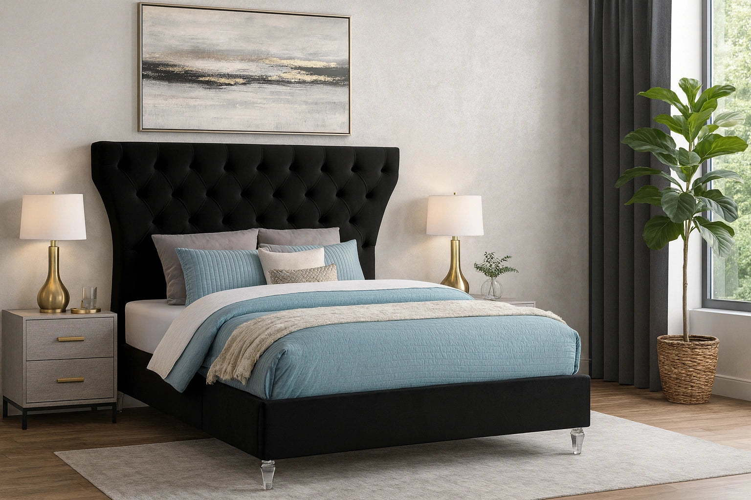 Kira Black Velvet King Bed