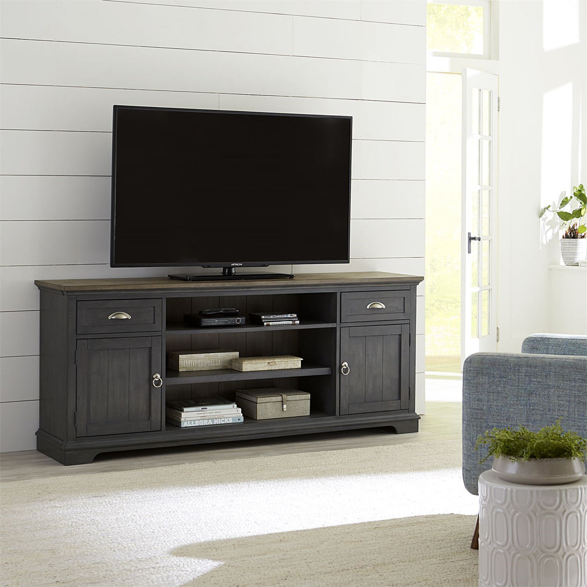 Liberty Furniture Ocean Isle Entertainment Center with Piers in Slate with Weathered Pine - Luxury Home Furniture (MI)