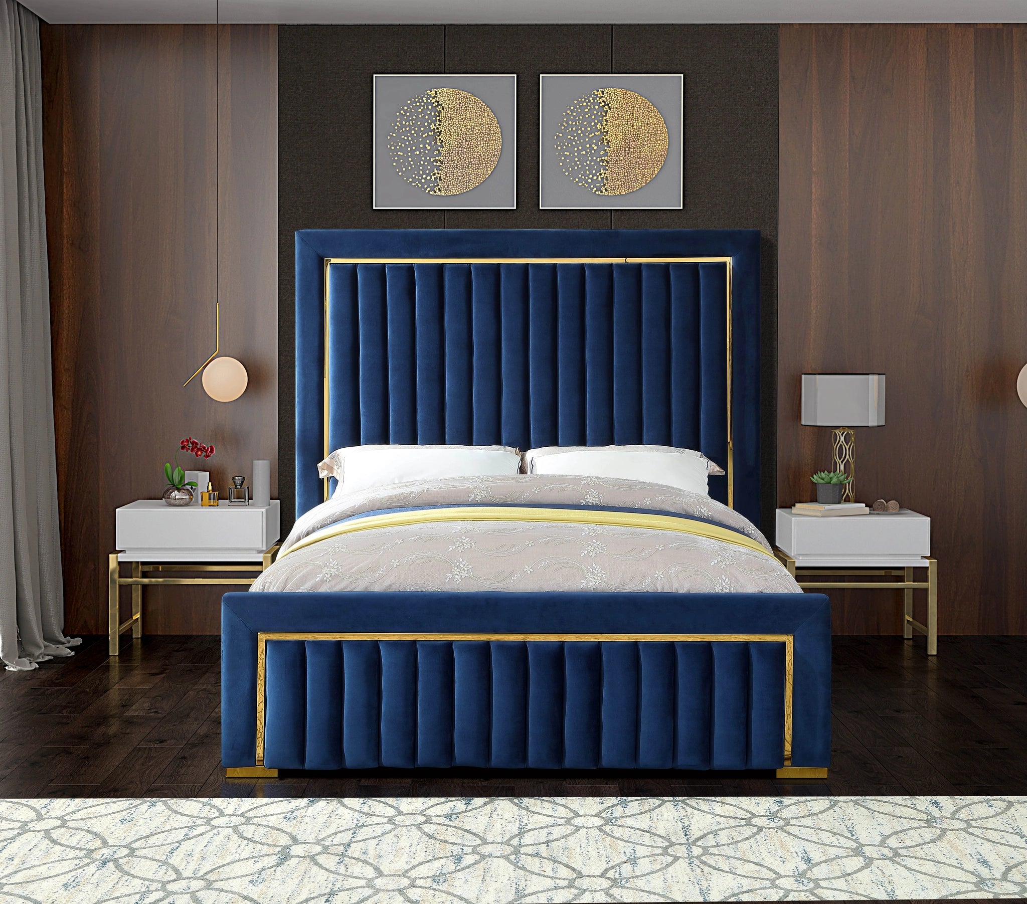 Dolce Navy Velvet Queen Bed (3 Boxes)