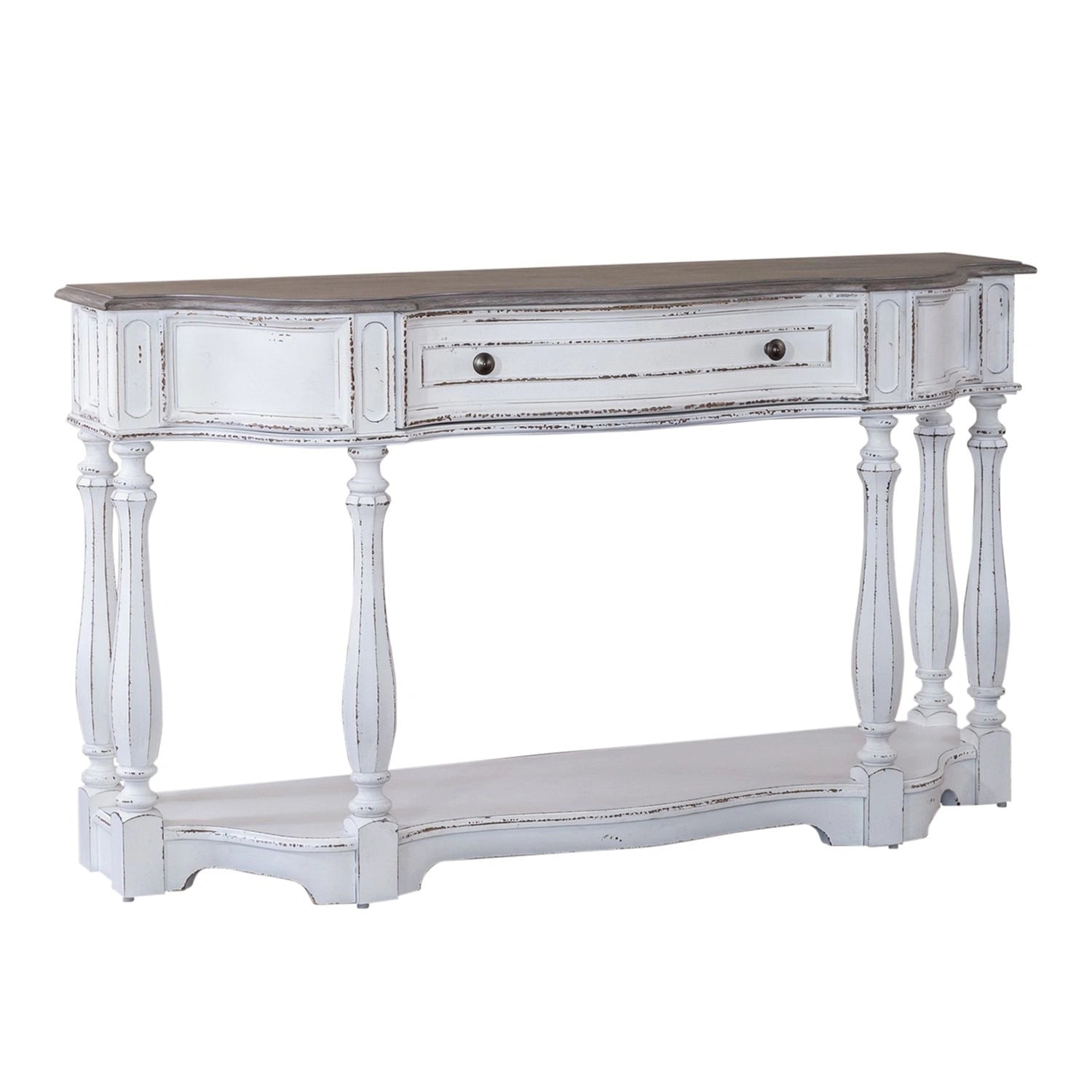 Magnolia Manor 56 Inch Hall Console Table in Antique White Base w/ Weathered Bark Tops image