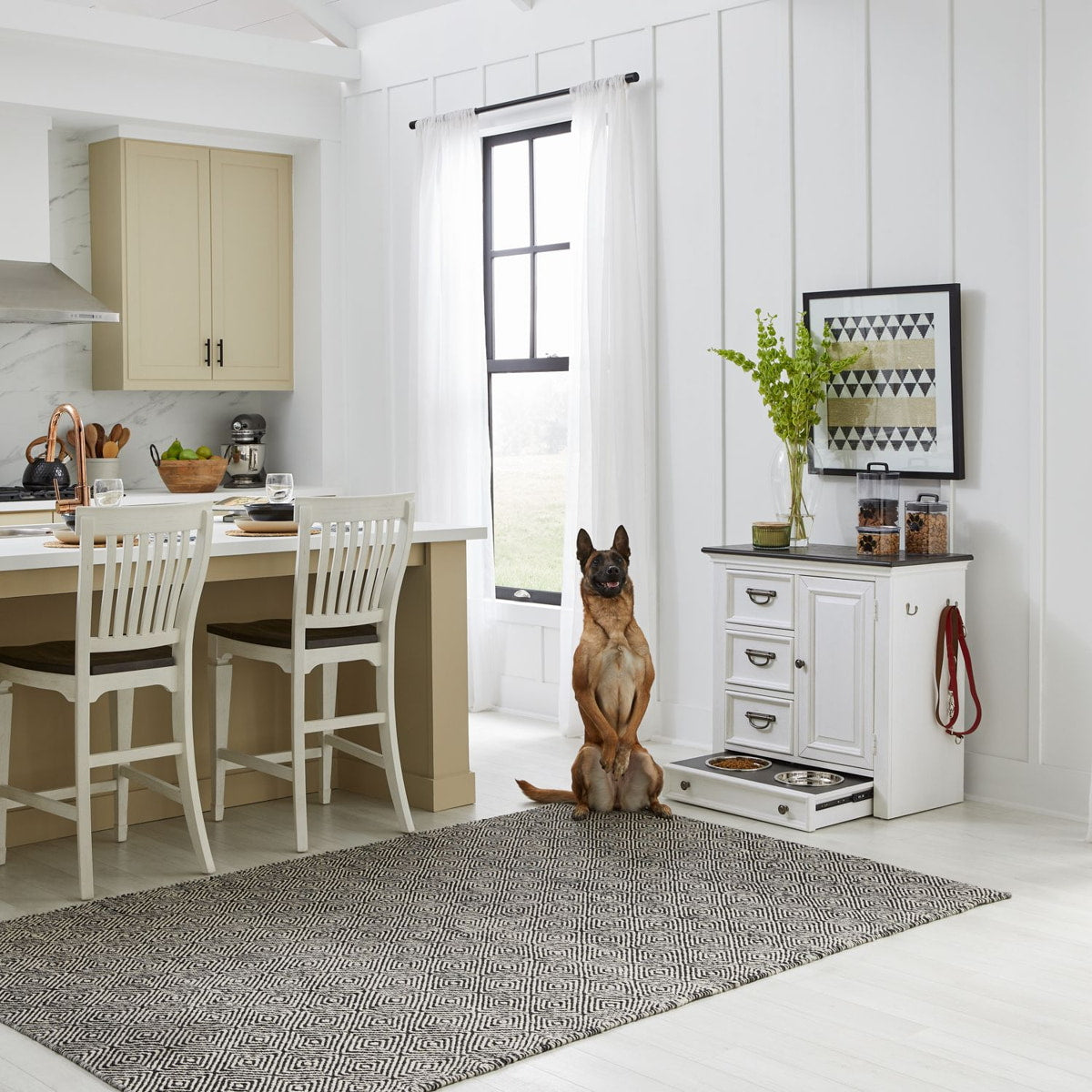 Allyson Park Pet Feeder in Wirebrushed White with Charcoal Top EST SHIP TIME APPX 4 WEEKS