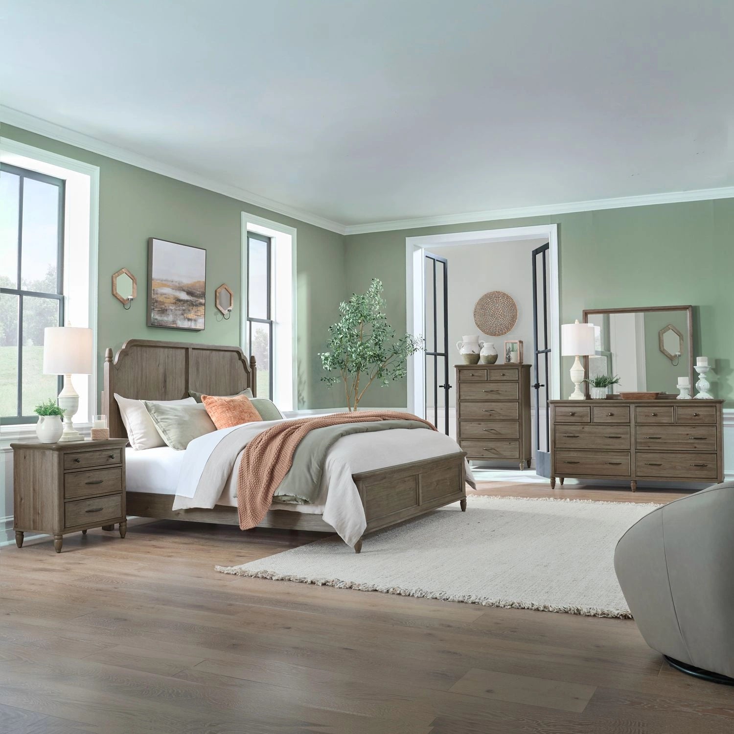 Hickory Grove Panel Bed, Dresser & Mirror, Chest, Night Stand image