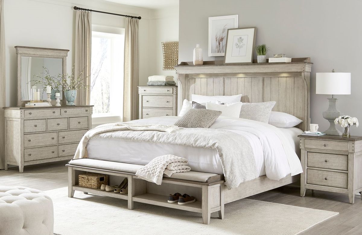 Liberty Furniture Ivy Hollow King Mantle Storage Bed in Weathered Linen - Luxury Home Furniture (MI)