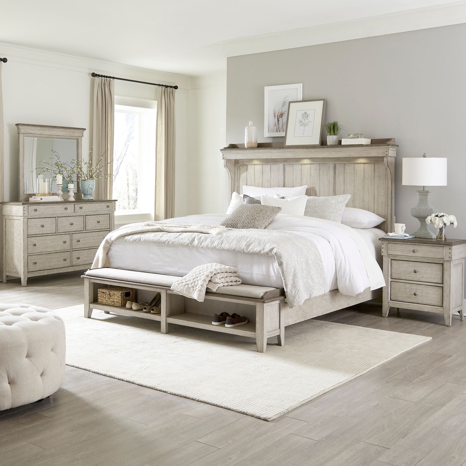 Ivy Hollow Queen Mantle Storage Bed, Dresser & Mirror, Night Stand image