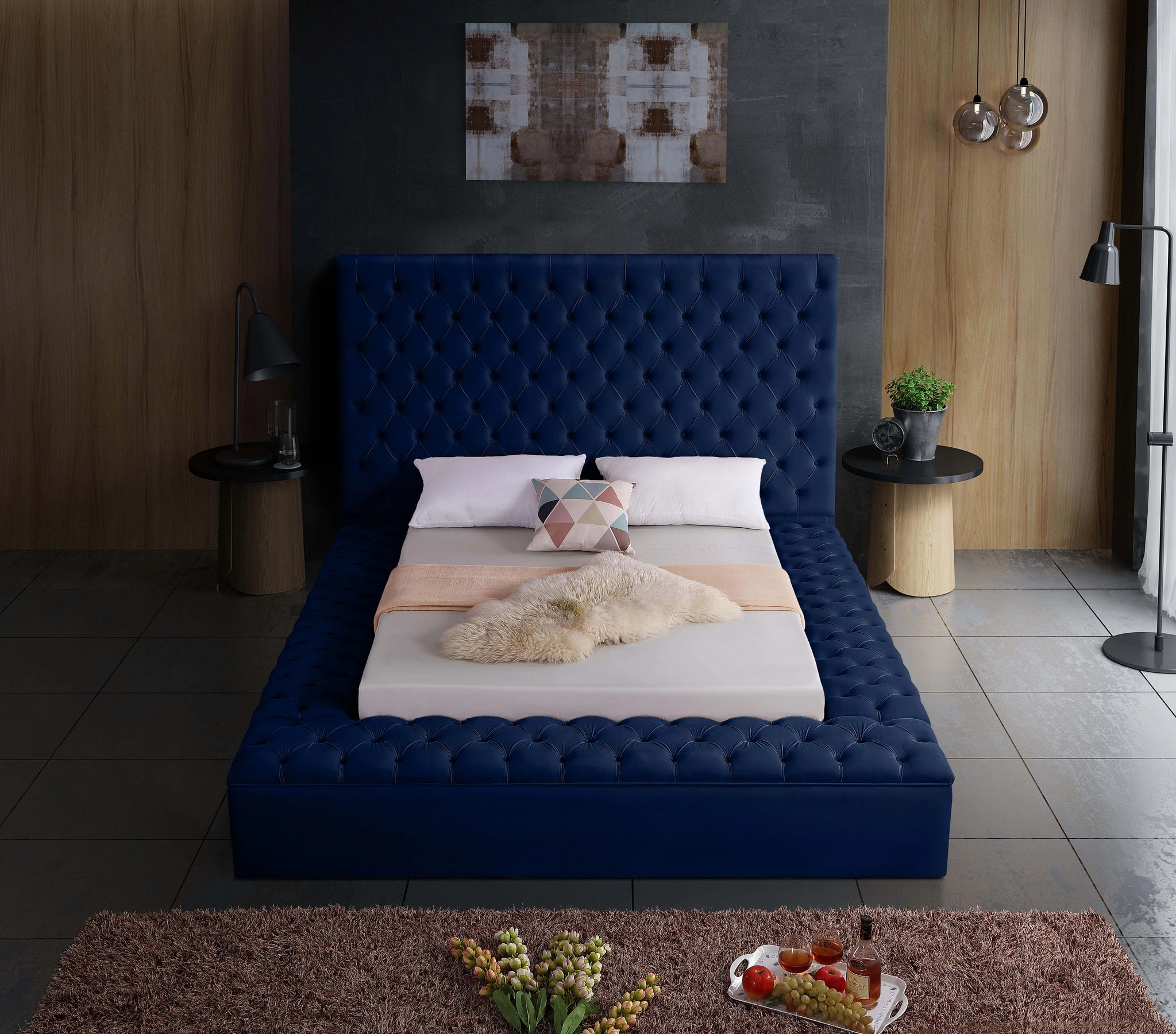 Bliss Navy Velvet Queen Bed (3 Boxes)