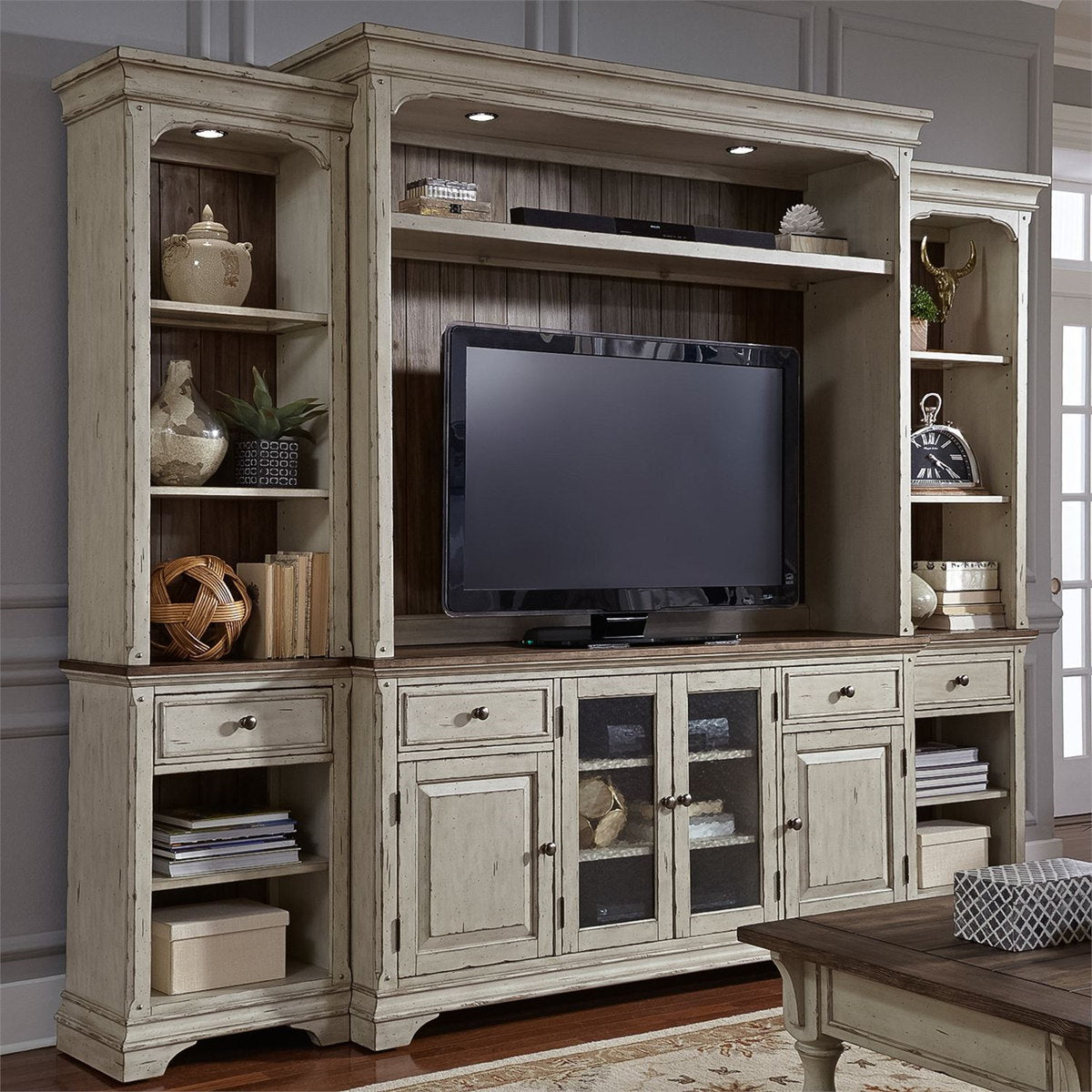 Liberty Morgan Creek Entertainment TV Stand in Antique White Finish with Wire Brushed Tobacco Accents - Luxury Home Furniture (MI)