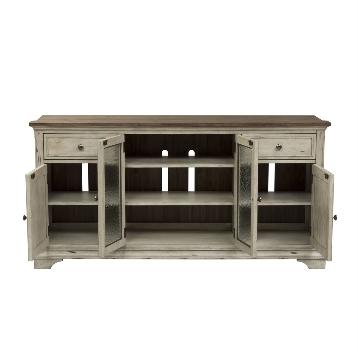 Liberty Morgan Creek Entertainment TV Stand in Antique White Finish with Wire Brushed Tobacco Accents - Luxury Home Furniture (MI)