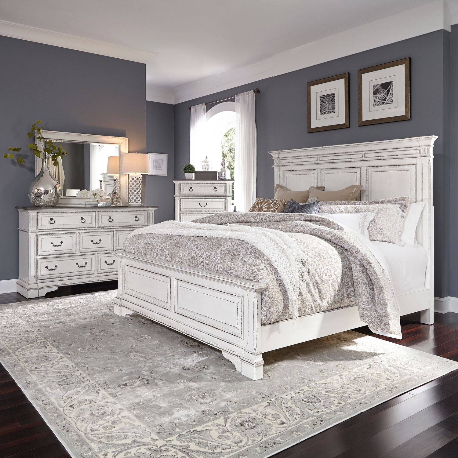 Abbey Park Queen Panel Bed, Dresser & Mirror, Chest image