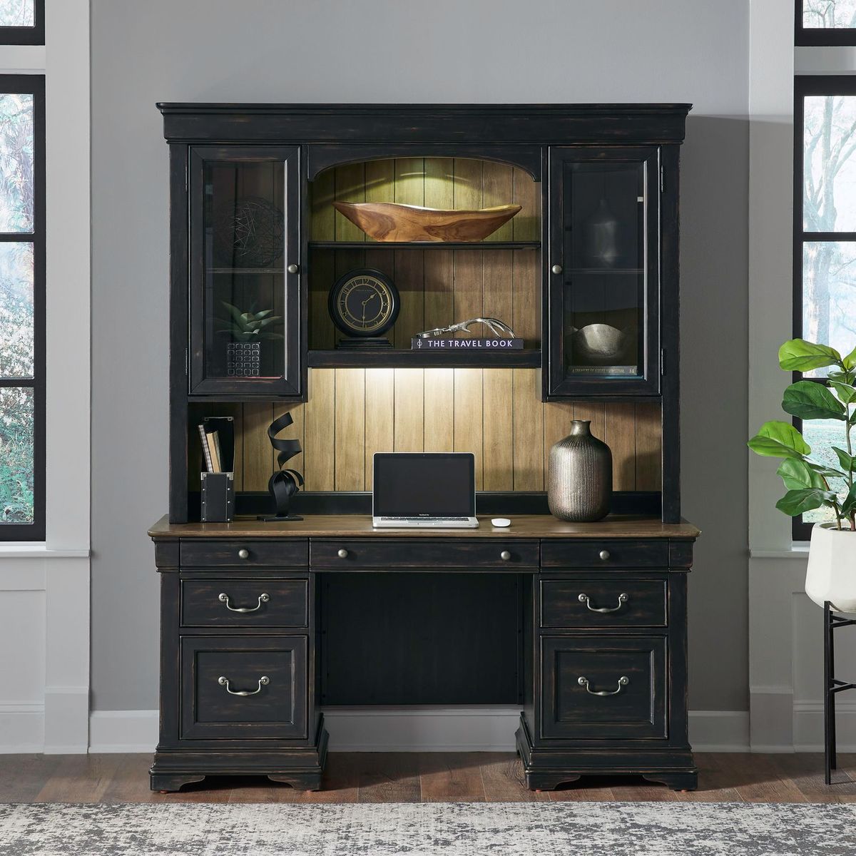 Liberty Furniture Meritage Credenza & Hutch in Aged Charcoal w/ Rub Thru/Caramel - Luxury Home Furniture (MI)