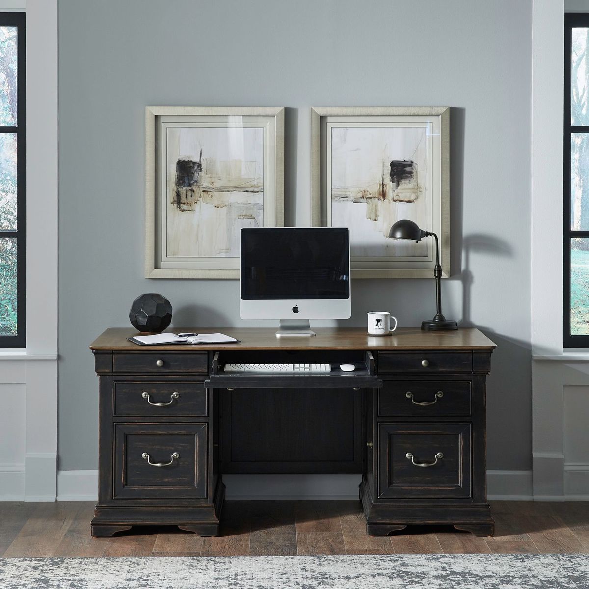Liberty Furniture Meritage 5 Piece Junior Executive Set in Aged Charcoal w/ Rub Thru/Caramel - Luxury Home Furniture (MI)