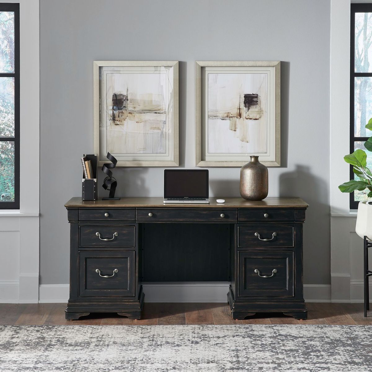 Liberty Furniture Meritage 5 Piece Junior Executive Set in Aged Charcoal w/ Rub Thru/Caramel - Luxury Home Furniture (MI)