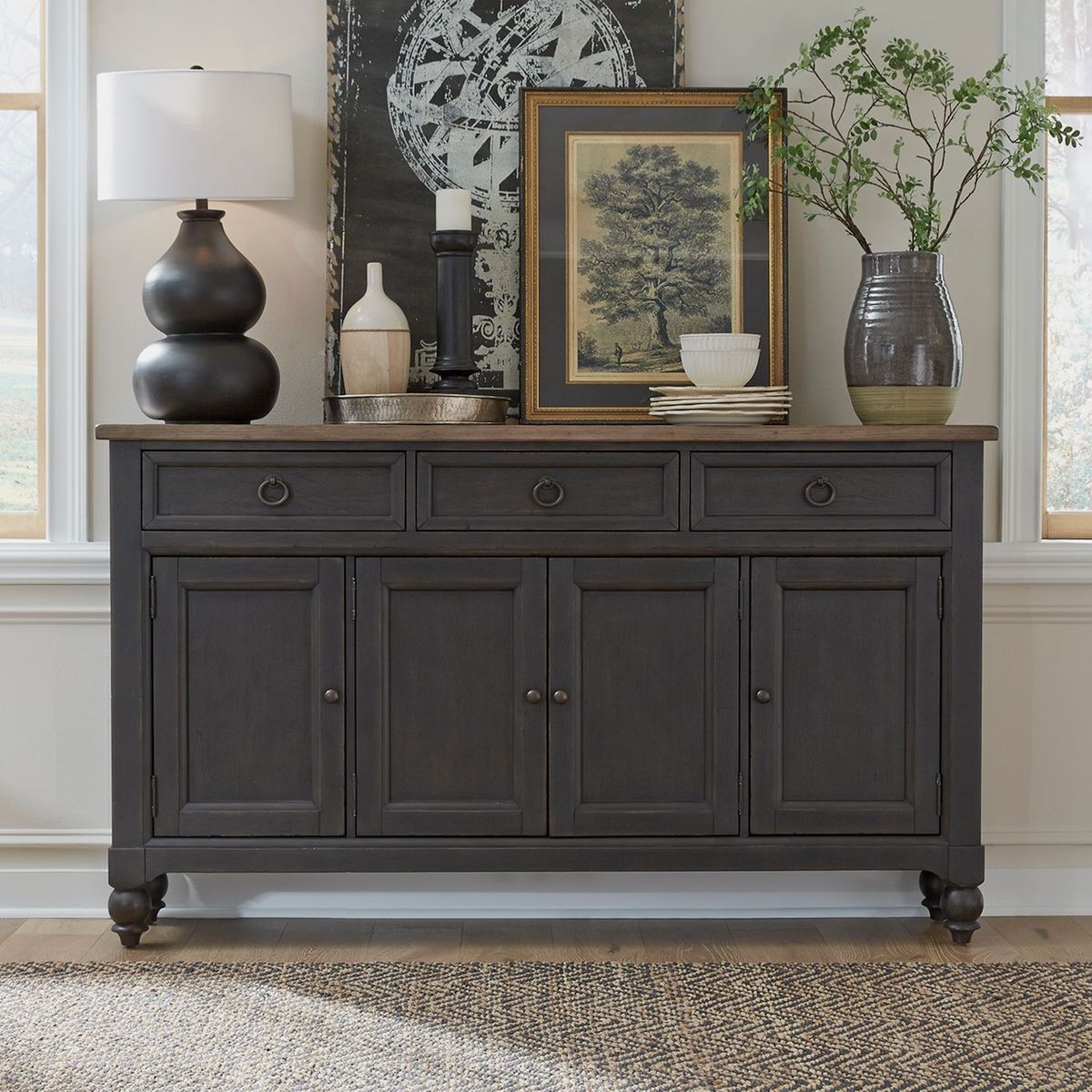 Liberty Furniture Americana Farmhouse Hall Buffet in Dusty Taupe & Black - Luxury Home Furniture (MI)
