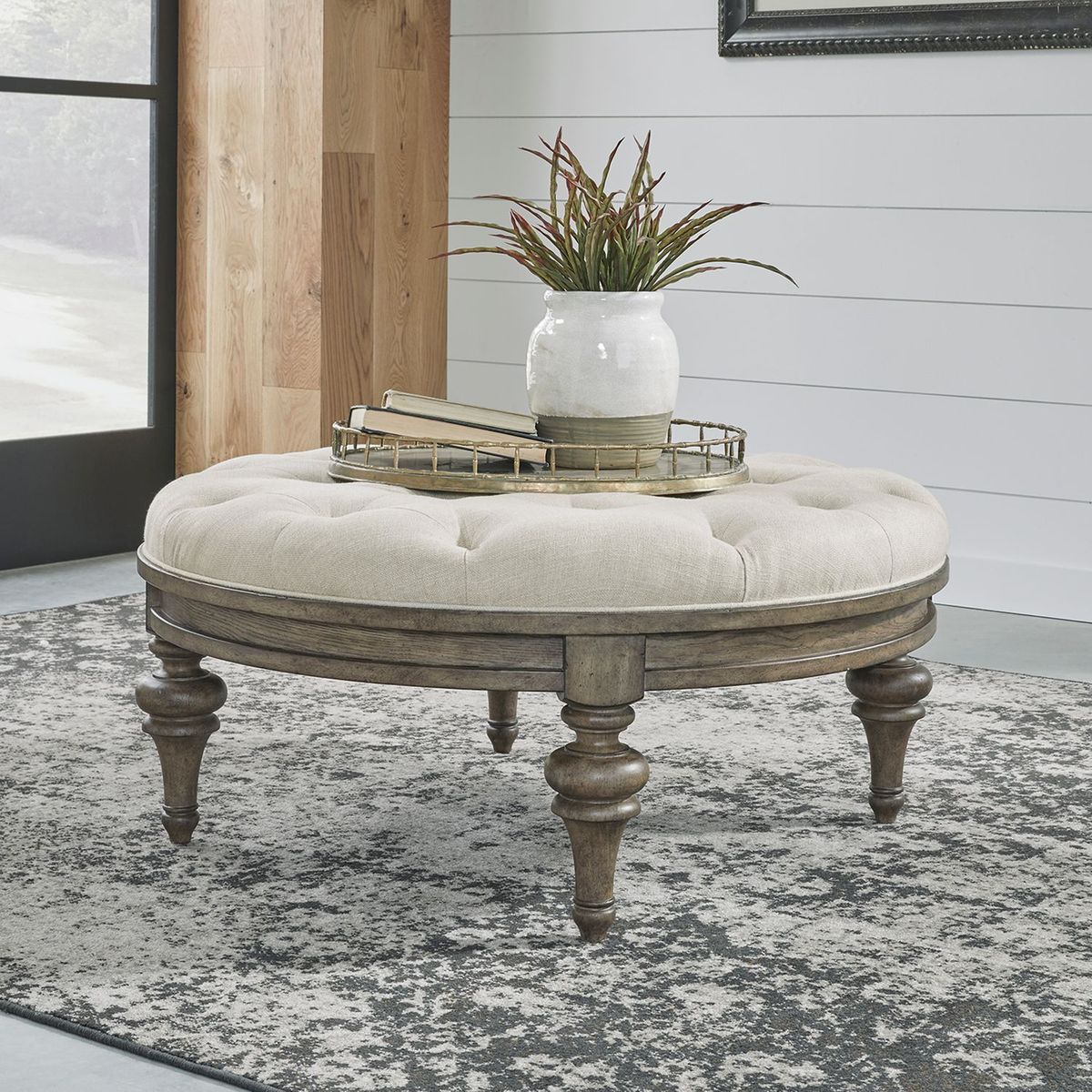 Liberty Furniture Americana Farmhouse Round Cocktail Ottoman in Dusty Taupe - Luxury Home Furniture (MI)