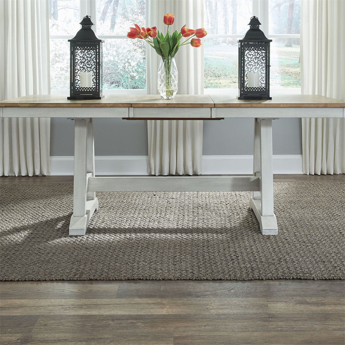 Liberty Furniture Lindsey Farm Trestle Dining Table in Weathered White & Sandstone - Luxury Home Furniture (MI)