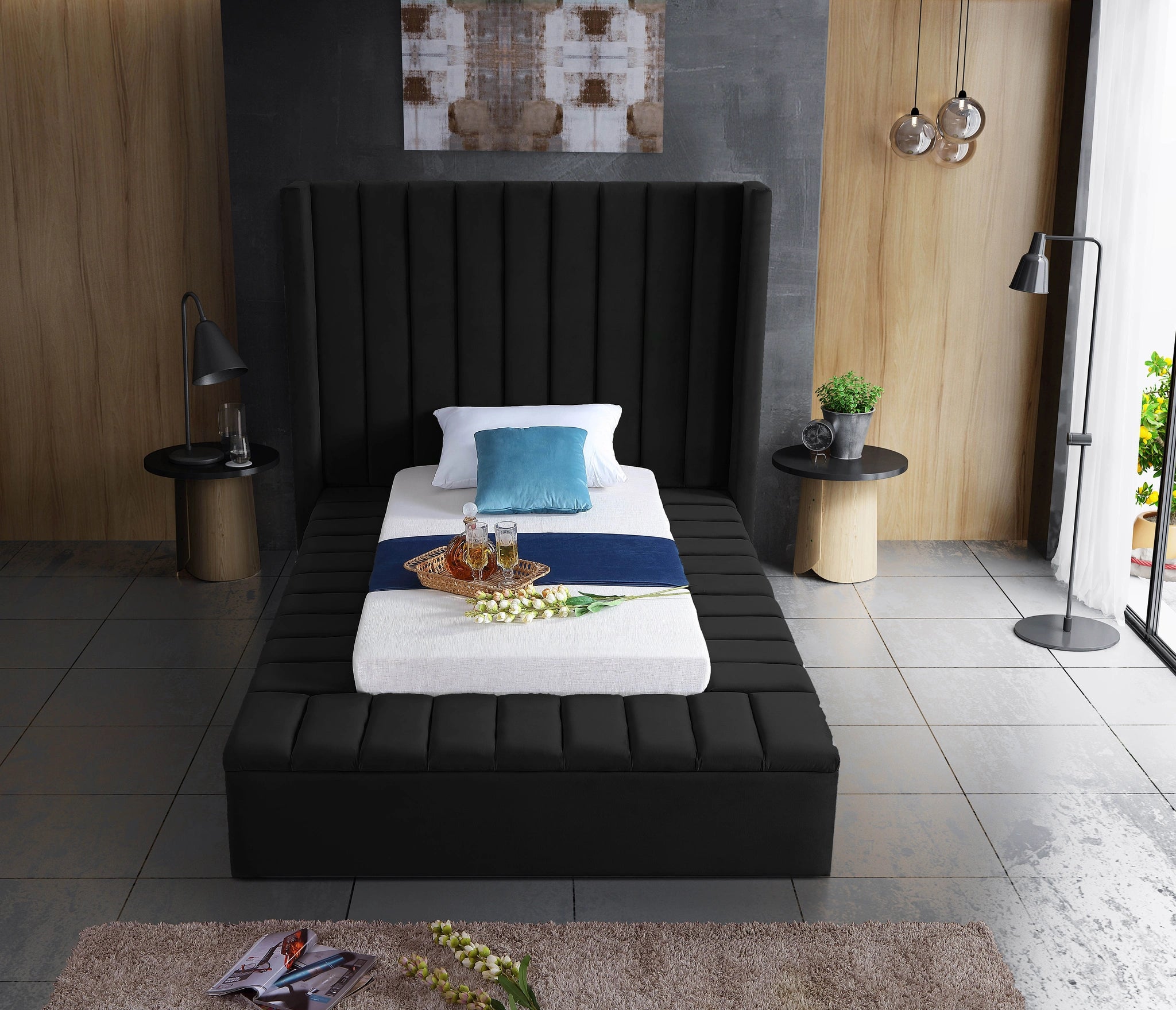 Kiki Black Velvet Twin Bed (3 Boxes)