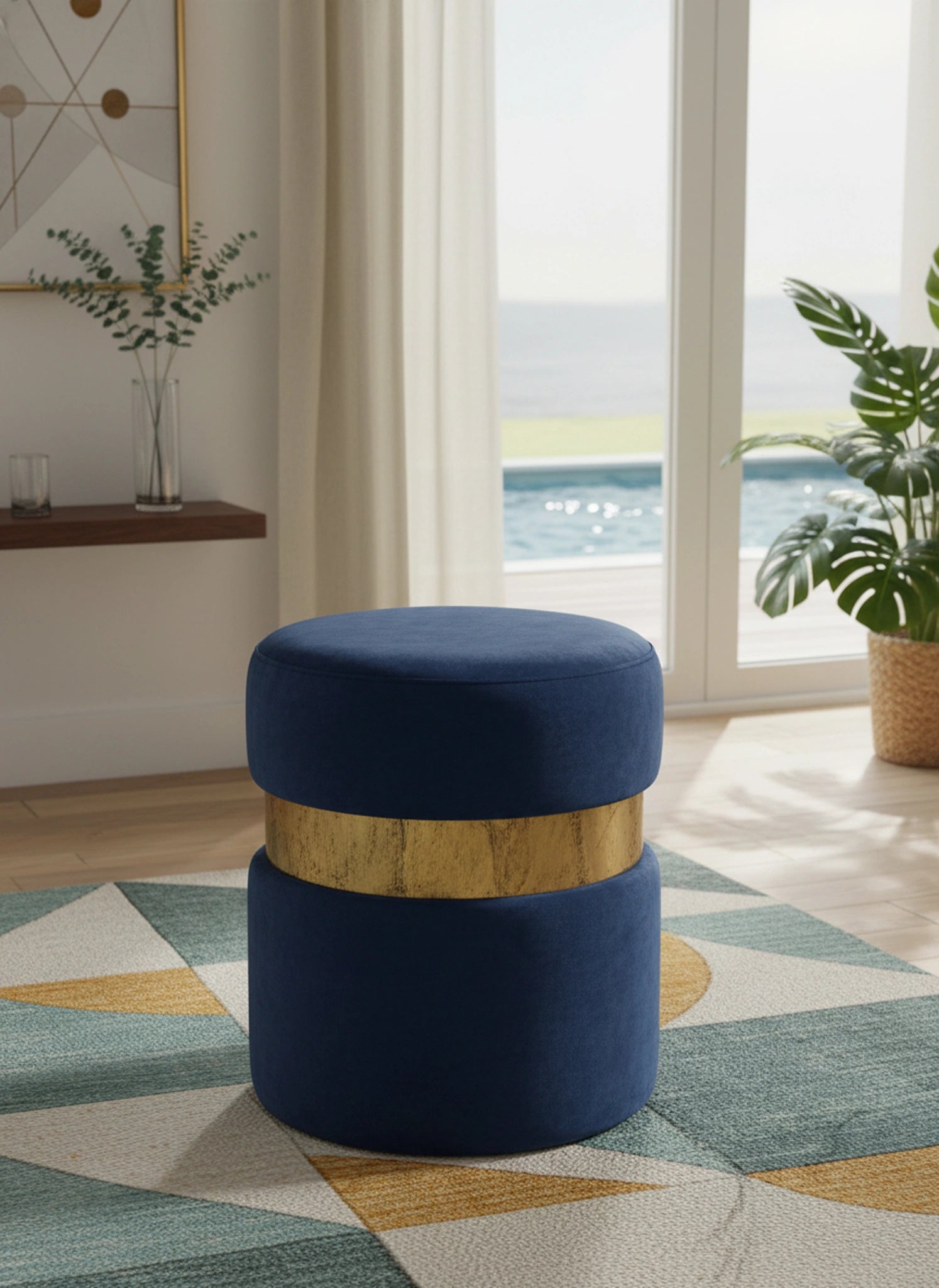 Hailey Navy Velvet Ottoman/Stool