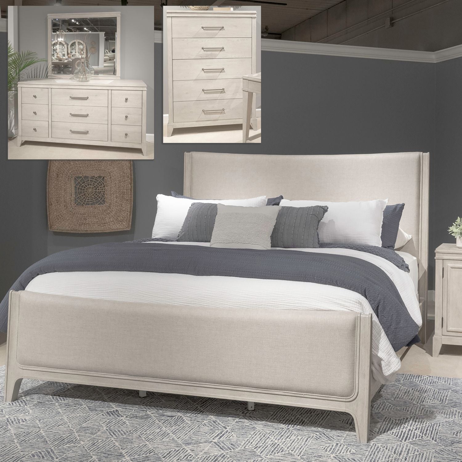 New Haven King California Uph Bed, Dresser & Mirror, Chest image