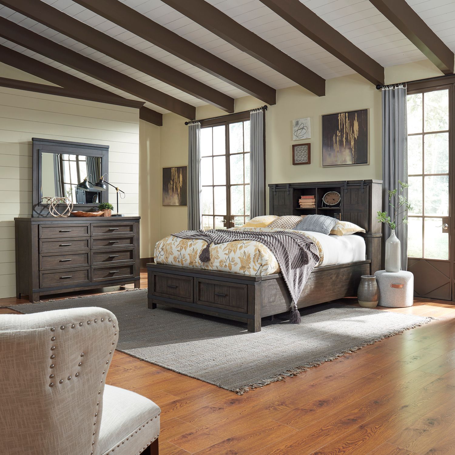 Thornwood Hills Queen Bookcase Bed, Dresser & Mirror image