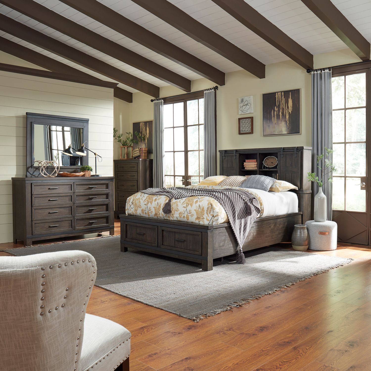 Thornwood Hills Queen Bookcase Bed, Dresser & Mirror, Chest image