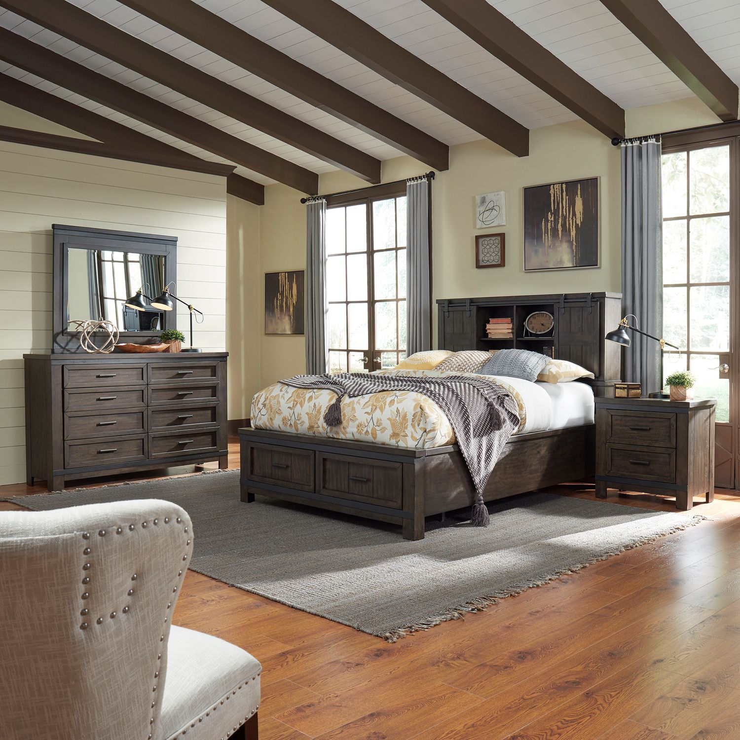 Thornwood Hills Queen Bookcase Bed, Dresser & Mirror, Night Stand image