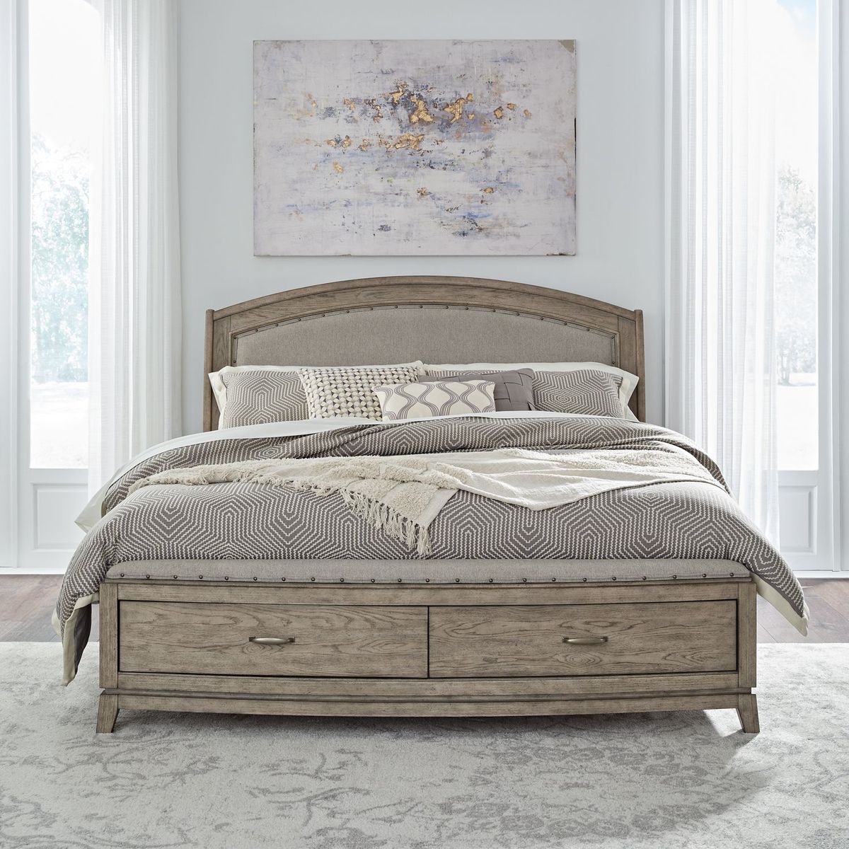Liberty Furniture Avalon Queen Upholstered Storage Bed in Burnished Beige - Luxury Home Furniture (MI)