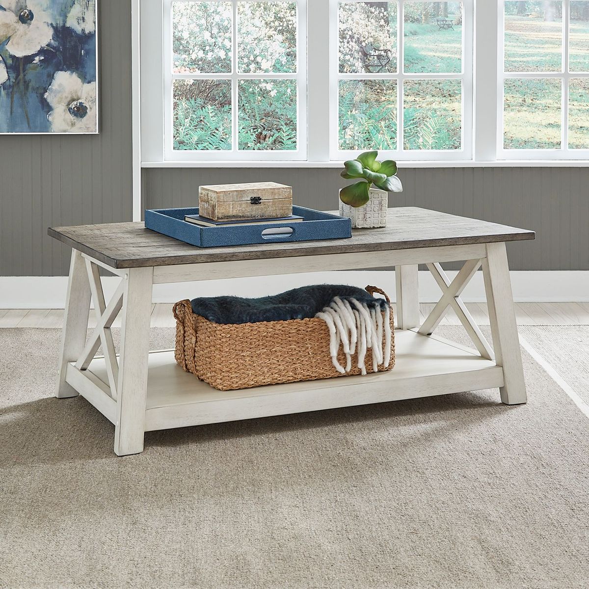 Liberty Furniture Laurel Bluff Cocktail Table in Antique White with Dusty Gray Top - Luxury Home Furniture (MI)