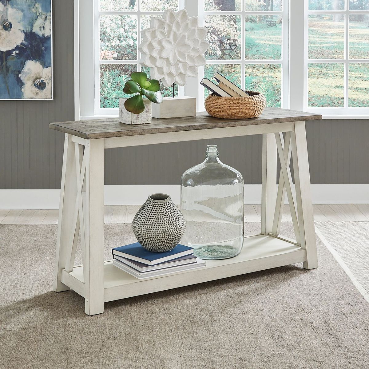 Liberty Furniture Laurel Bluff Sofa Table in Antique White with Dusty Gray Top - Luxury Home Furniture (MI)