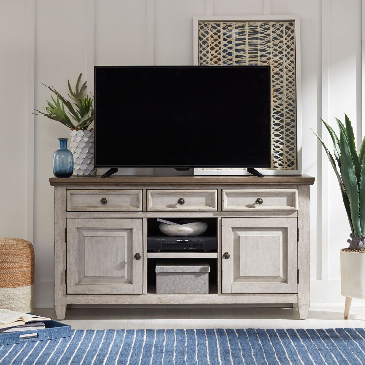 Liberty Heartland 66" Tile TV Console in Antique White - Luxury Home Furniture (MI)
