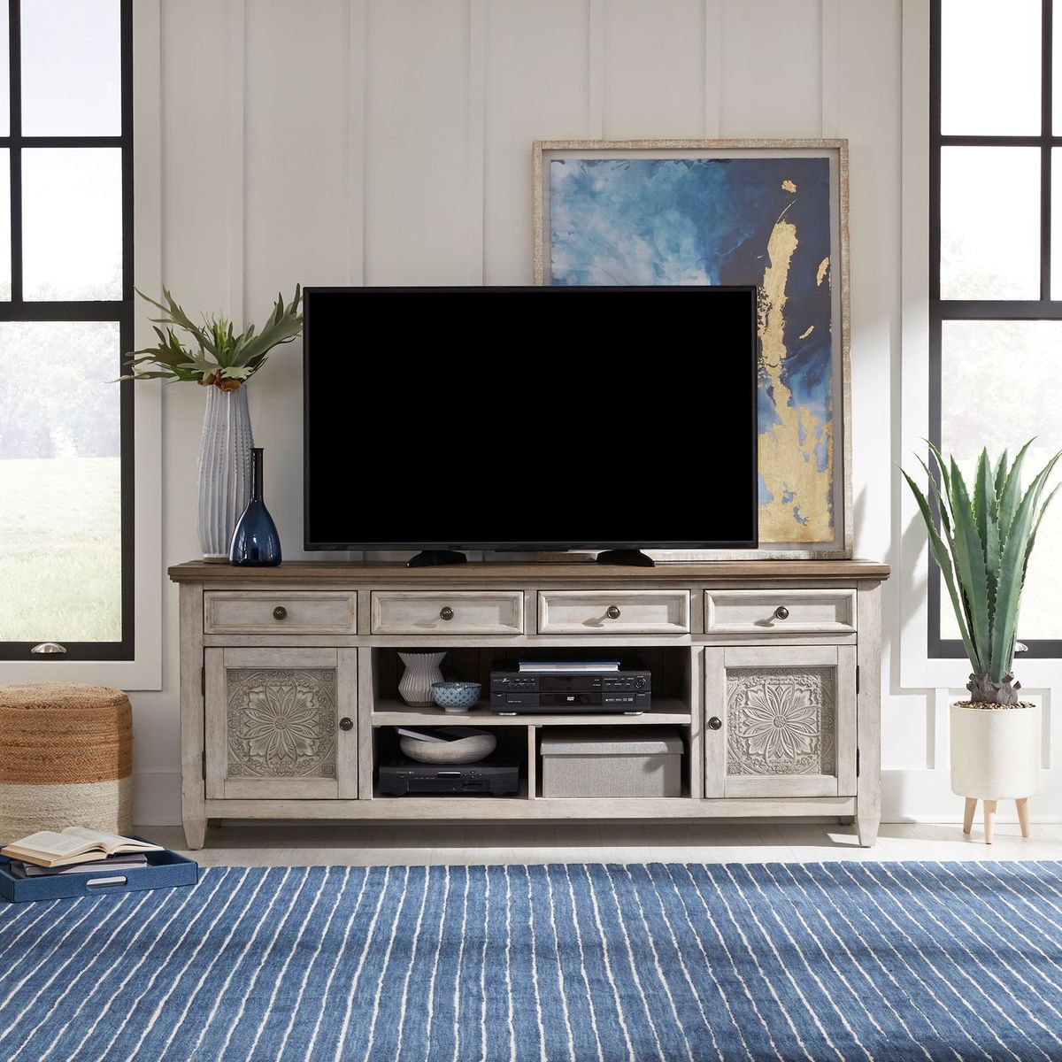 Liberty Heartland 76" Tile TV Console in Antique White - Luxury Home Furniture (MI)