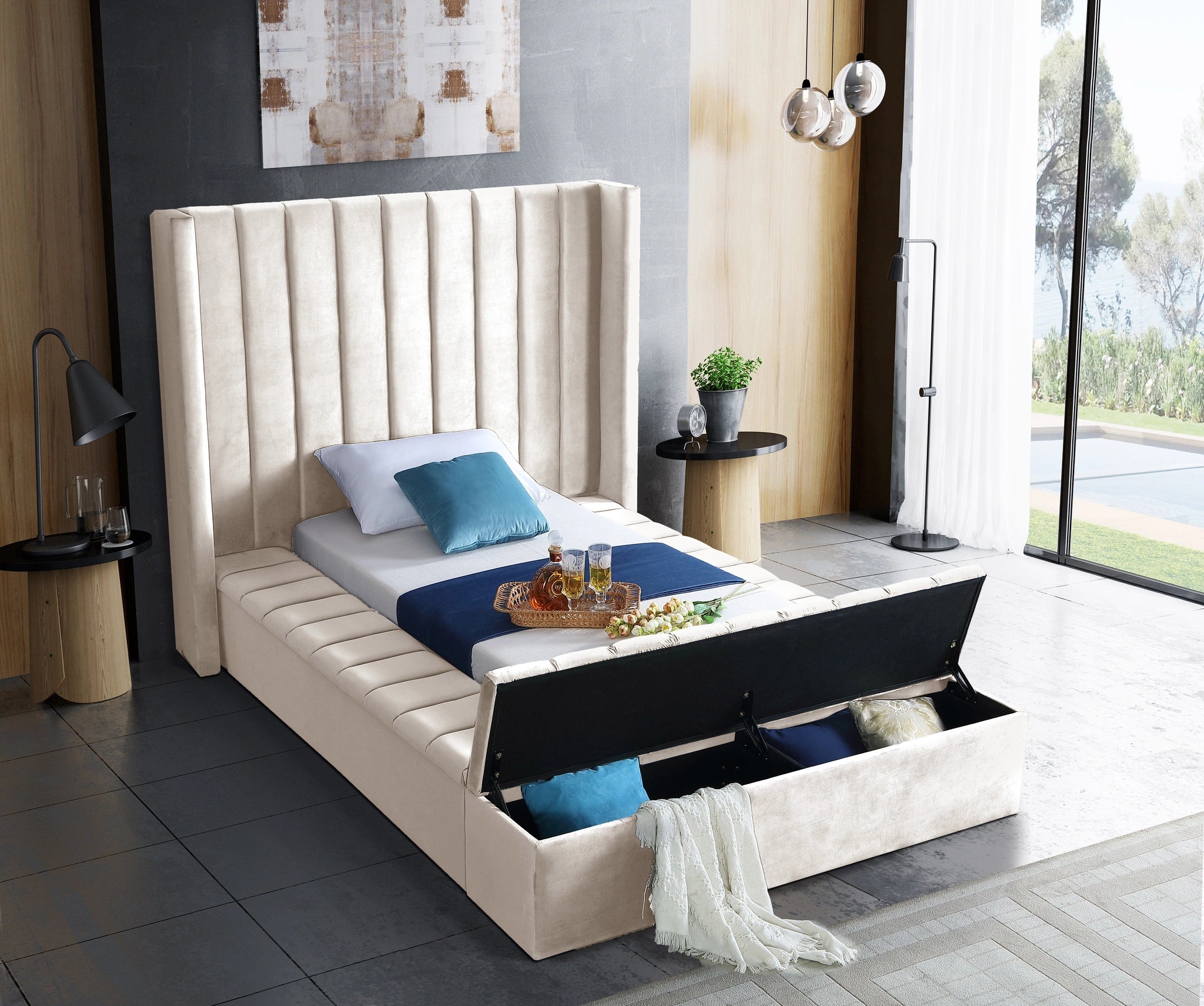 Kiki Cream Velvet Twin Bed (3 Boxes)