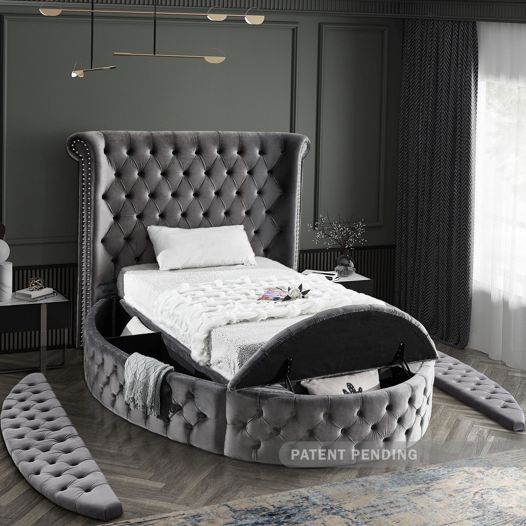 Luxus Grey Velvet Twin Bed (3 Boxes)