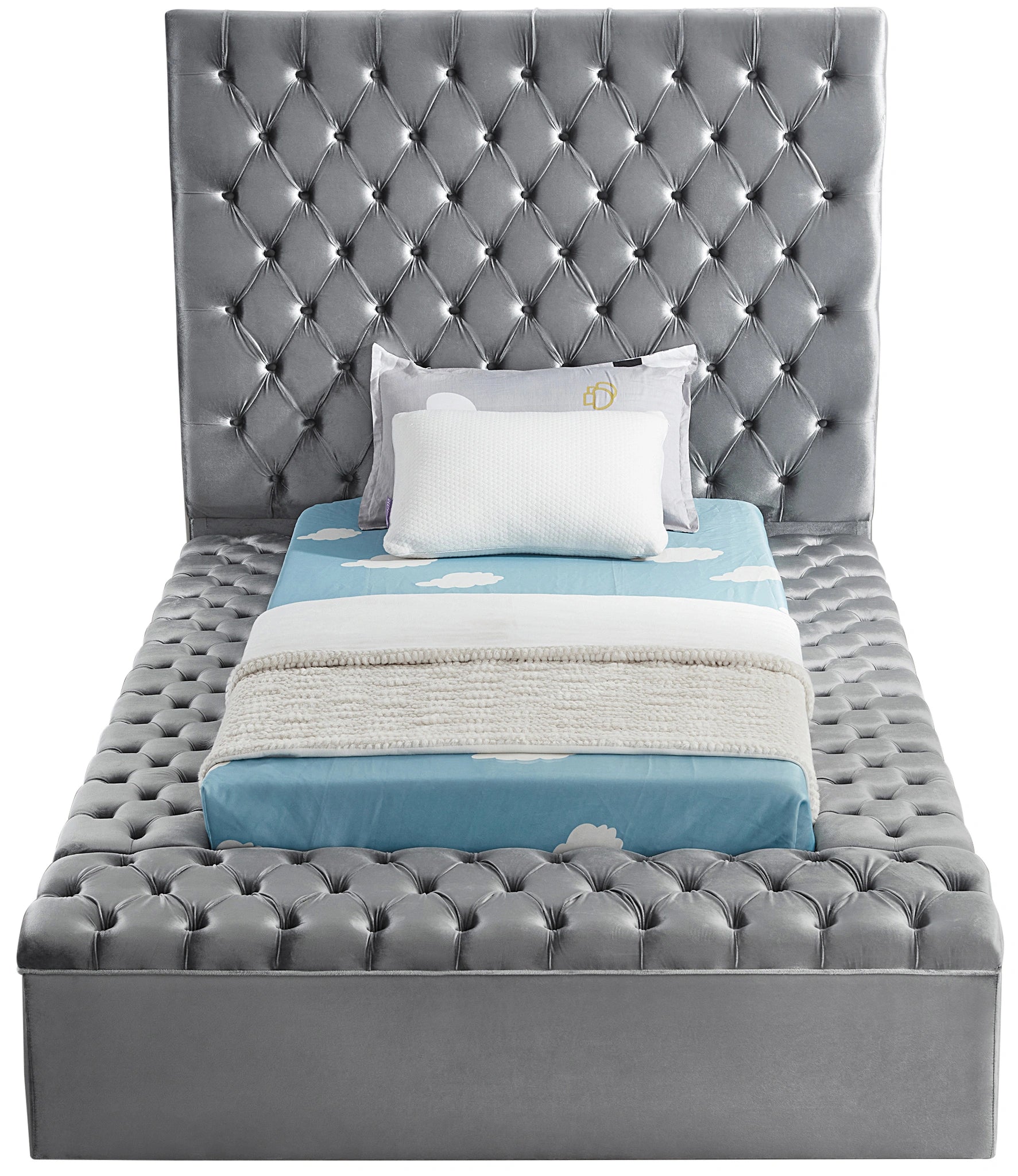 Bliss Grey Velvet Twin Bed (3 Boxes)